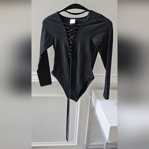 Lace-Up Black Long-Sleeve Bodysuit